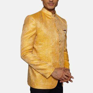 WINTAGE Men's Banarasi Rayon Cotton Yellow Bandhgala Jodhpuri Blazer s36